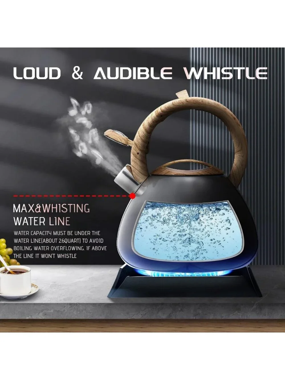 Gray Stainless Steel Kitchen Whistling Tea Kettles 2.6QT Stovetop Cookware Pot
